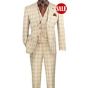 Luxurious Men's Modern-Fit, 3-Piece Windowpane Suit Khaki (Stretch Fabric)