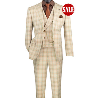 Luxurious Men's Modern-Fit, 3-Piece Windowpane Suit Khaki (Stretch Fabric)