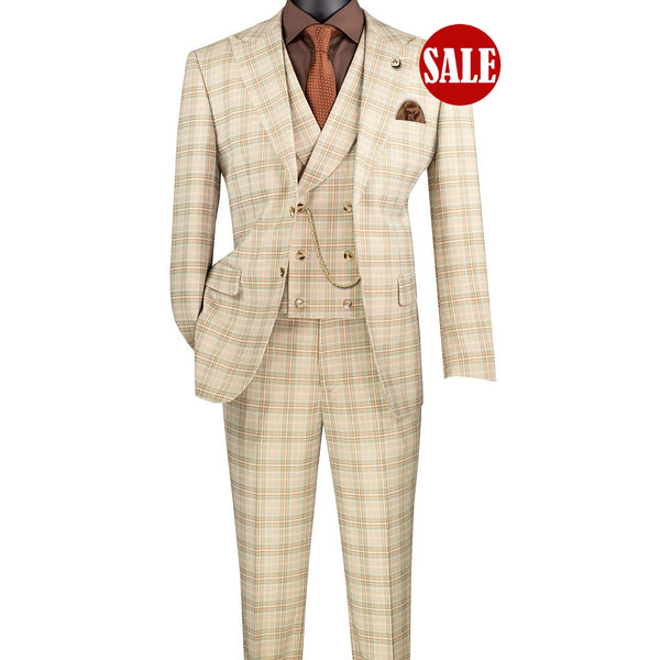 Luxurious Men's Modern-Fit, 3-Piece Windowpane Suit Khaki (Stretch Fabric)