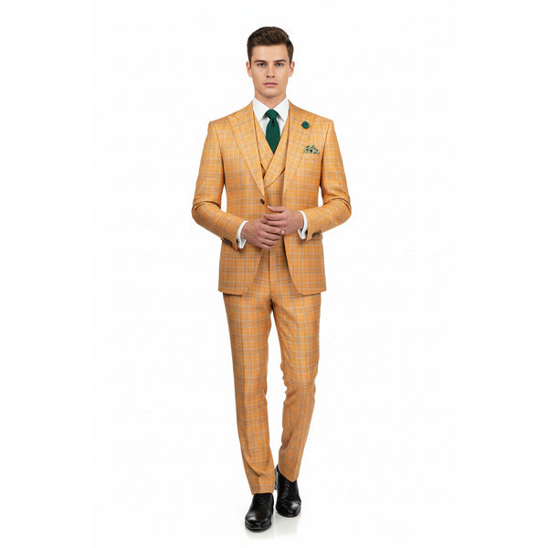 Luxurious Men's Modern-Fit, 3-Piece Windowpane Suit Orange (Stretch Fabric)