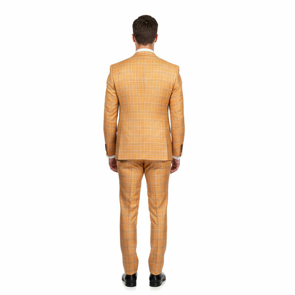 Luxurious Men's Modern-Fit, 3-Piece Windowpane Suit Orange (Stretch Fabric)