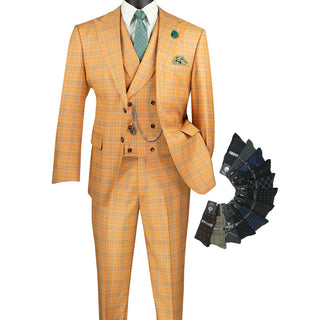 Luxurious Men's Modern-Fit, 3-Piece Windowpane Suit Orange (Stretch Fabric)