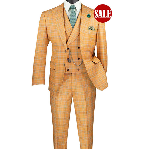 Yellow plaid suit with a tie and pocket square on a white background, featuring a 'SALE' label.