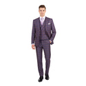 Luxurious Men's Modern-Fit, 3-Piece Windowpane Suit Purple (Stretch Fabric)