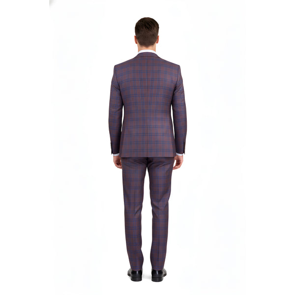 Luxurious Men's Modern-Fit, 3-Piece Windowpane Suit Purple (Stretch Fabric)