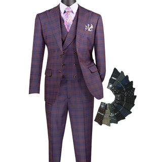 Luxurious Men's Modern-Fit, 3-Piece Windowpane Suit Purple (Stretch Fabric)