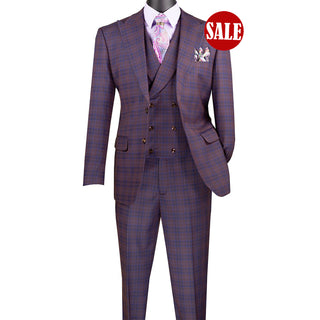 Luxurious Men's Modern-Fit, 3-Piece Windowpane Suit Purple (Stretch Fabric)