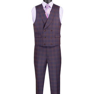 Luxurious Men's Modern-Fit, 3-Piece Windowpane Suit Purple (Stretch Fabric)