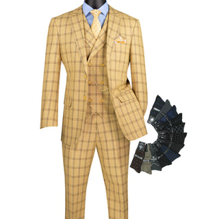 Luxurious Men's Modern-Fit, 3-Piece Windowpane Suit-Tan