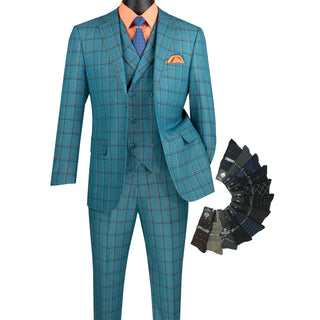 Luxurious Men's Modern-Fit, 3-Piece Windowpane Suit-Teal Blue