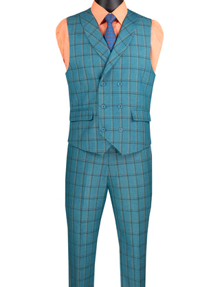 Luxurious Men's Modern-Fit, 3-Piece Windowpane Suit-Teal Blue