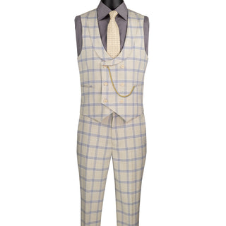 Luxurious Men's Modern-Fit, 3-Piece Windowpane Suit-Light Beige (Stretch Fabric)