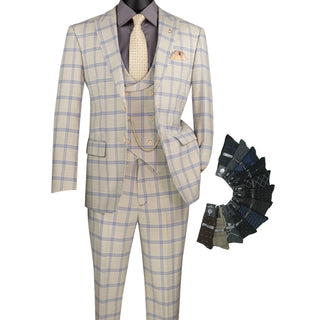 Luxurious Men's Modern-Fit, 3-Piece Windowpane Suit-Light Beige (Stretch Fabric)