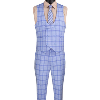 Luxurious Men's Modern-Fit, 3-Piece Windowpane Suit-Light Blue (Stretch Fabric)