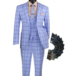 Luxurious Men's Modern-Fit, 3-Piece Windowpane Suit-Light Blue (Stretch Fabric)