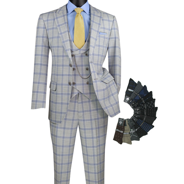 Luxurious Men's Modern-Fit, 3-Piece Windowpane Suit (Stretch Fabric)