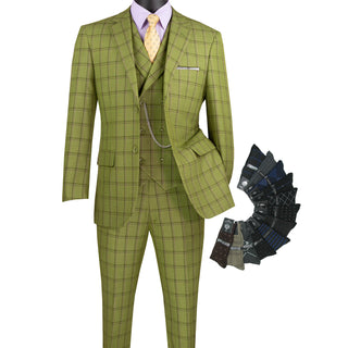 Luxurious Men's Modern-Fit, 3-Piece Windowpane Suit-Moss