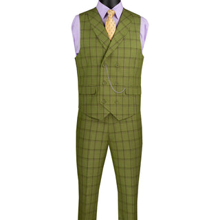 Luxurious Men's Modern-Fit, 3-Piece Windowpane Suit-Moss