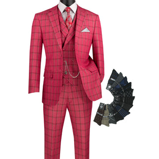 Luxurious Men's Modern-Fit, 3-Piece Windowpane Suit-Raspberry