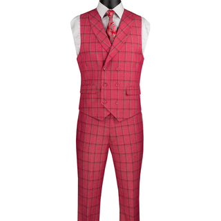 Luxurious Men's Modern-Fit, 3-Piece Windowpane Suit-Raspberry