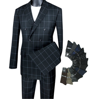 Men's Modern-Fit Double-Breasted Windowpane Suit Black Triple Blessings