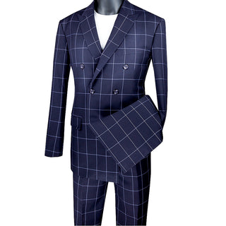 Men's Modern-Fit Double-Breasted Windowpane Suit Blue Triple Blessings