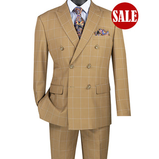 Men's Modern-Fit Double-Breasted Windowpane Suit CAMEL Triple Blessings
