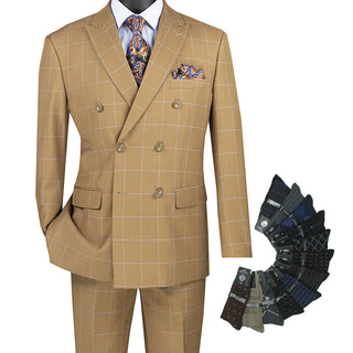 Men's Modern-Fit Double-Breasted Windowpane Suit Camel Triple Blessings