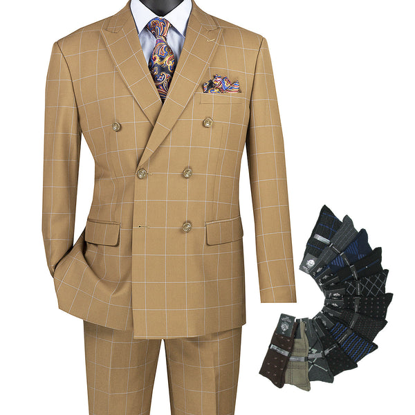 Men's Modern-Fit Double-Breasted Windowpane Suit Camel Triple Blessings