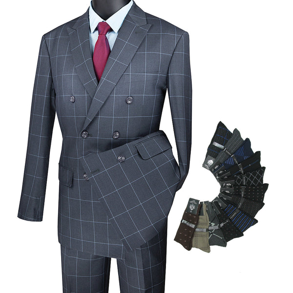 Men's Modern-Fit Double-Breasted Windowpane Suit Triple Blessings