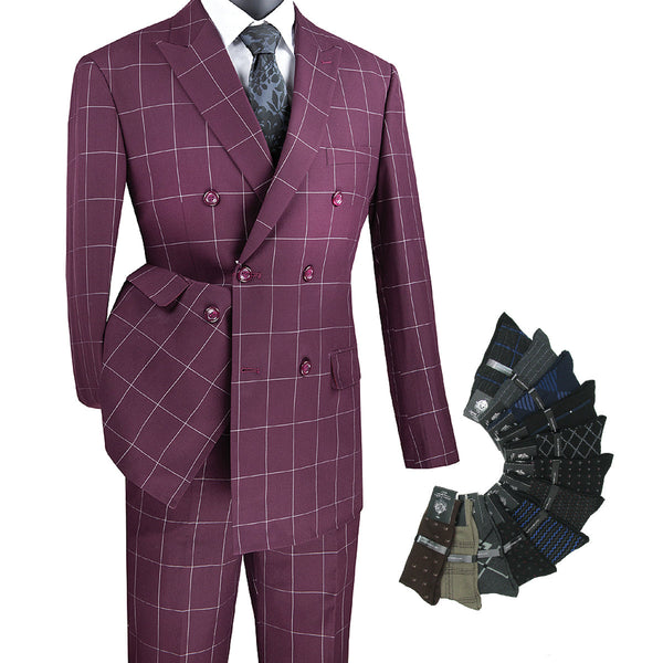 Men's Modern-Fit Double-Breasted Windowpane Suit Wine Triple Blessings
