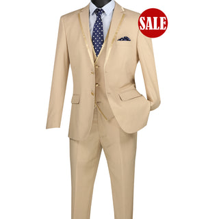 Luxurious Men's Slim-Fit 3-Piece Trimmed Lapel Textured Solid Suit Beige