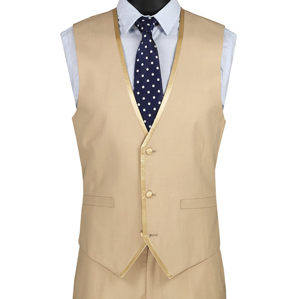 Luxurious Men's Slim-Fit 3-Piece Trimmed Lapel Textured Solid Suit Beige
