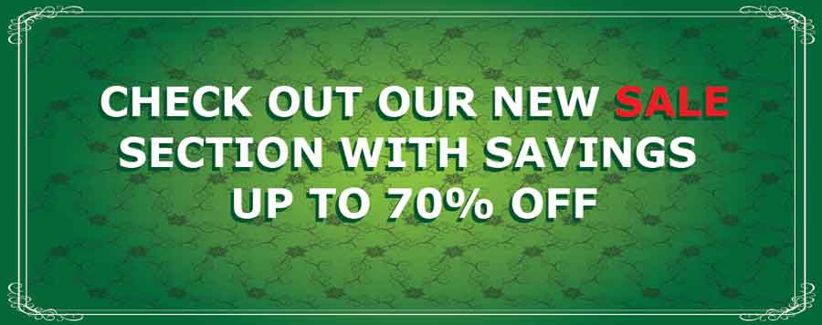 Promotional banner with text about a new sale section with savings up to 70% off on a green background.