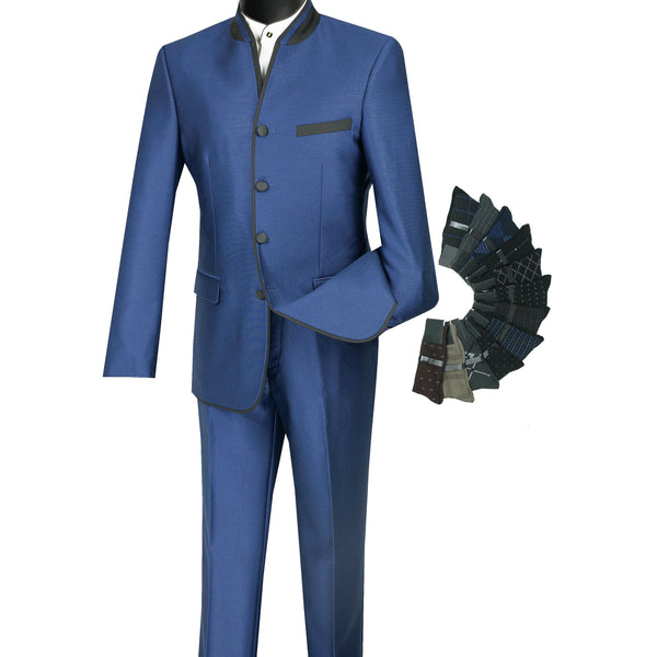 Sharkskin Slim-Fit Banded-Collar Nehru Church Suit Blue Triple Blessings