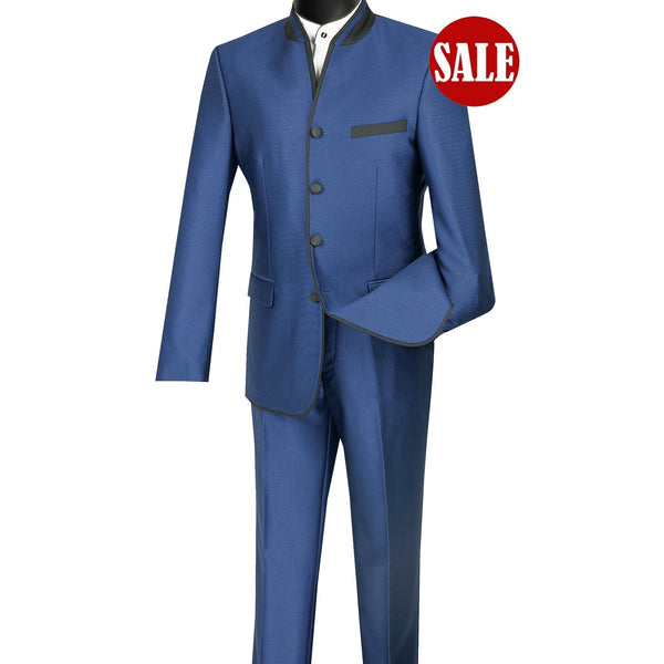 Sharkskin Slim-Fit Banded-Collar Nehru Church Suit Blue Triple Blessings