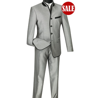 Sharkskin Slim-Fit Banded-Collar Nehru Church Suit Gray Triple Blessings