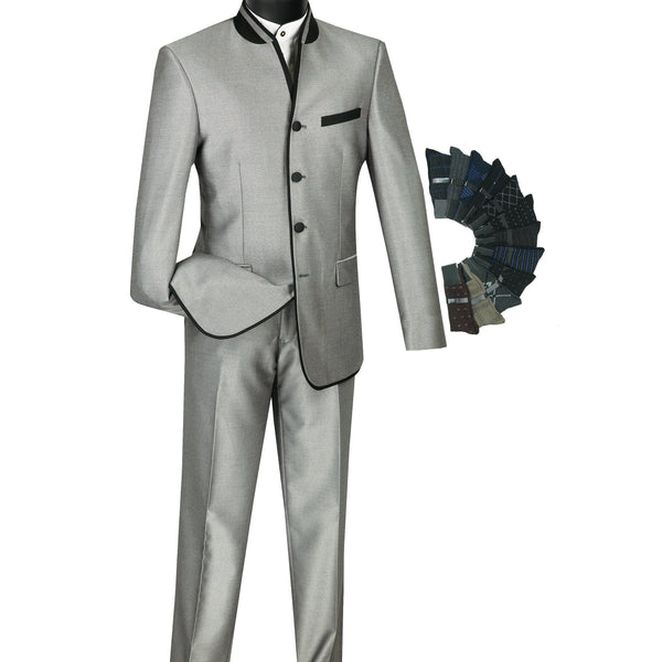 Sharkskin Slim-Fit Banded-Collar Nehru Church Suit Triple Blessings