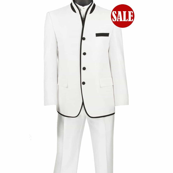 Sharkskin Slim-Fit Banded-Collar Nehru Church Suit White Triple Blessings