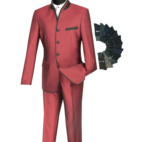 Sharkskin Slim-Fit Banded-Collar Nehru Church Suit Wine Triple Blessings