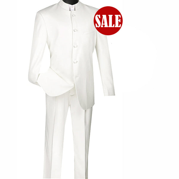 Sharp Banded Collar Nehru Church Suit White Triple Blessings