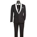 Luxurious Men Slim-Fit Stretch BLACK Tuxedo, Adjustable Waist Band, Bow Tie, Pocket Square & Socks
