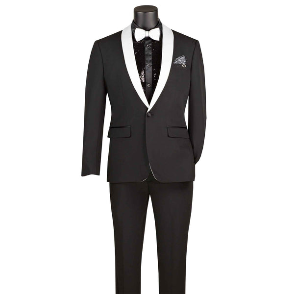 Luxurious Men Slim-Fit Stretch BLACK Tuxedo, Adjustable Waist Band, Bow Tie, Pocket Square & Socks