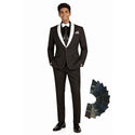 Luxurious Men Slim-Fit Stretch BLACK Tuxedo, Adjustable Waist Band, Bow Tie, Pocket Square & Socks