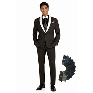 Luxurious Men Slim-Fit Stretch BLACK Tuxedo, Adjustable Waist Band, Bow Tie, Pocket Square & Socks