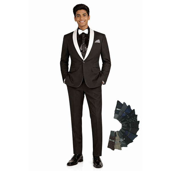 Luxurious Men Slim-Fit Stretch BLACK Tuxedo, Adjustable Waist Band, Bow Tie, Pocket Square & Socks