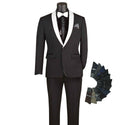 Luxurious Men Slim-Fit Stretch BLACK Tuxedo, Adjustable Waist Band, Bow Tie, Pocket Square & Socks