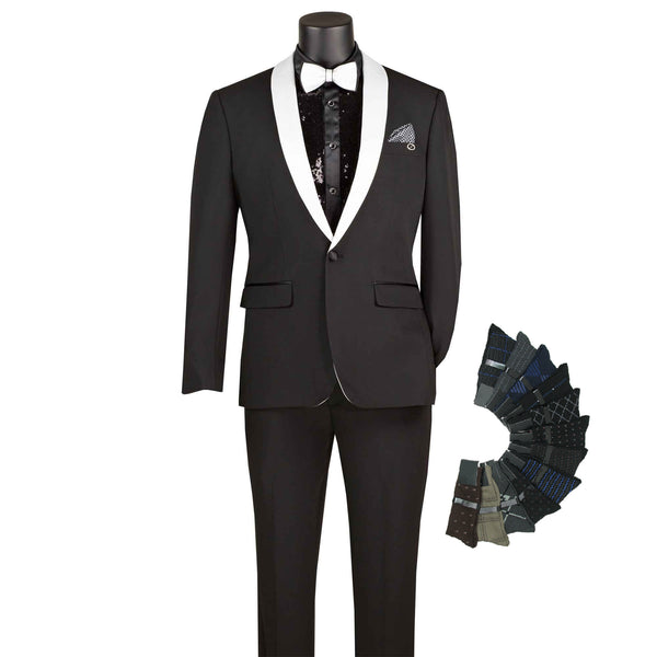 Luxurious Men Slim-Fit Stretch BLACK Tuxedo, Adjustable Waist Band, Bow Tie, Pocket Square & Socks