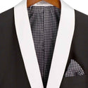 Luxurious Men Slim-Fit Stretch BLACK Tuxedo, Adjustable Waist Band, Bow Tie, Pocket Square & Socks