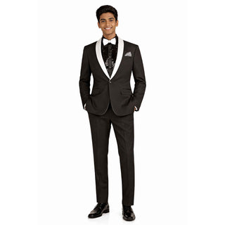 Luxurious Men Slim-Fit Stretch BLACK Tuxedo, Adjustable Waist Band, Bow Tie, Pocket Square & Socks